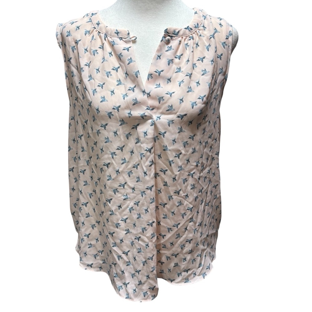 LOFT Petites‎ Bird Print Sleeveless Blouse Peach Blue Mixed Media Top LP #585